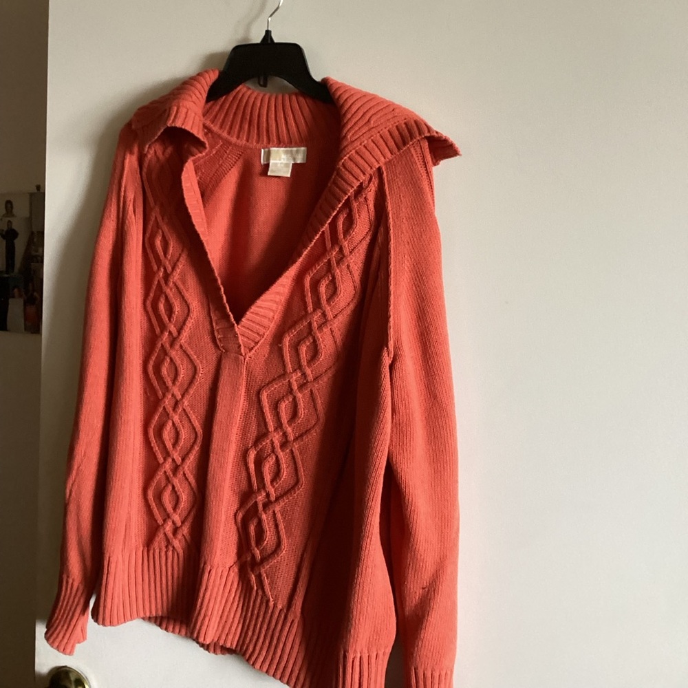 Michael Kors Coral V-Neck Cable Knit Sweater with Collar